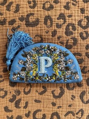 Anthropologie Genuine Leather Blue “P” Beaded Mini Tassel Pouch